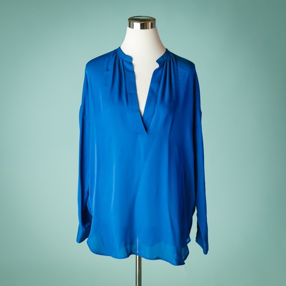 Vince Tops - Vince S Blue Silk Split V Neck Long Sleeve Top